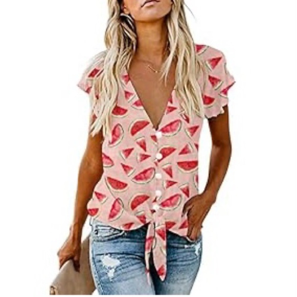 Amazon Pink and White Cap Sleeve Tie-Front Blouse